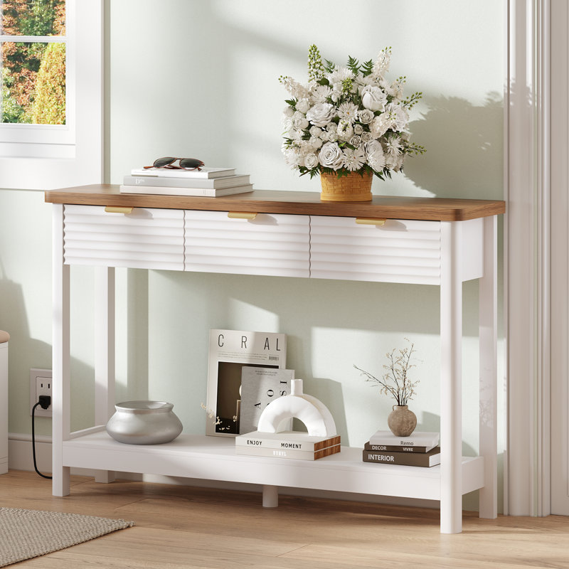 47" Console Table With Storage, Fluted Foyer Table With Charging Station, Wooden 3 Drawers Sofa Table With Open Shelf, Behind Couch Table For Living Room, Hallway