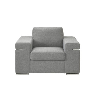 Fauteuil gris tissé, structure en bois franc, 46 po Profondeur de l'ensemble: Fauteuil en tissu, siège de 18 po de hauteur, profondeur de 23 po,