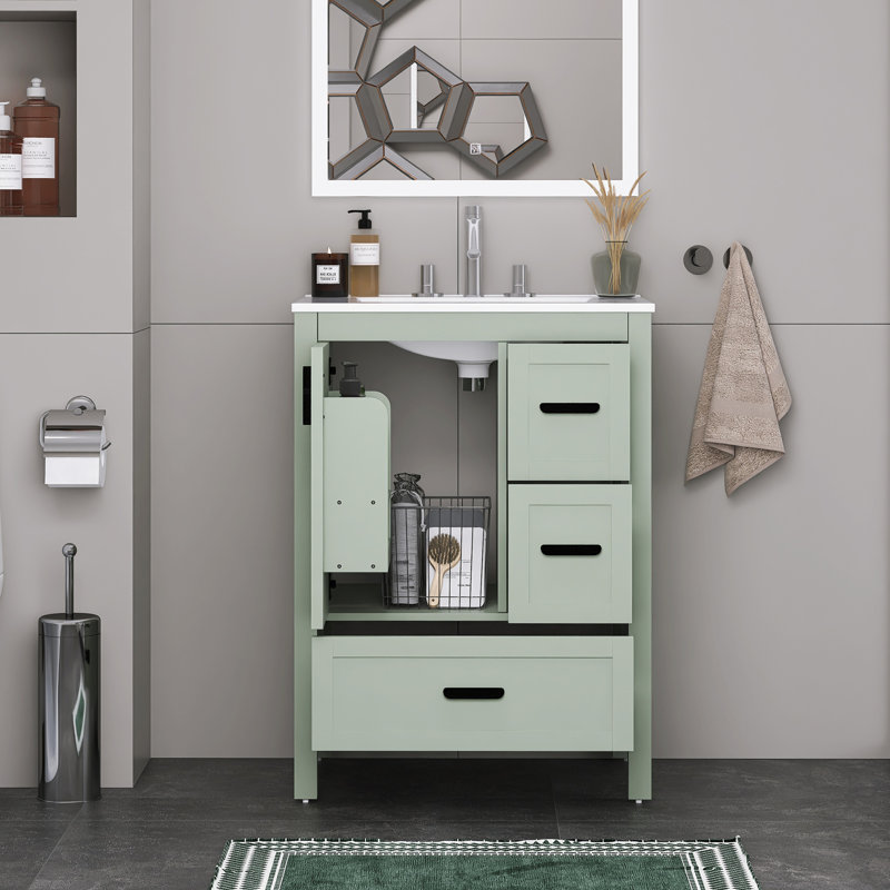 Modern 24" Freestanding Bathroom Vanity With Ceramic Sink, Green