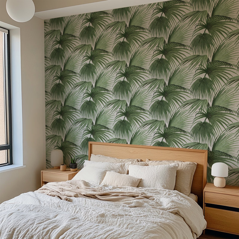 Pawley’s Island Palms Barely Wallpaper by Megan Molten, Paper, Green/Pink