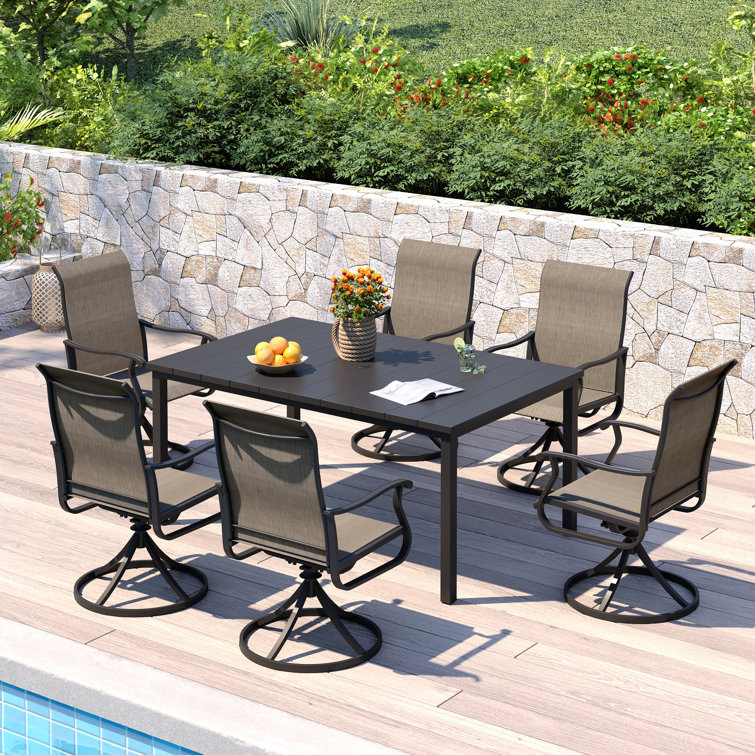 63" Outdoor Dining Set with Rectangular Dining Table and 6 PVC-coated polyester Swivel Dining Chairs