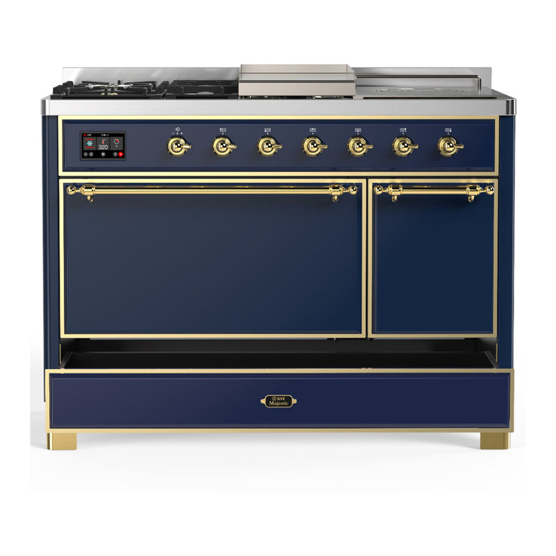 Majestic III Series 48 Inch Dual Fuel Range with 5 Sealed Burners, Griddle, Frenchtop in Mightnight Blue (Natural Gas, Brass Trim)