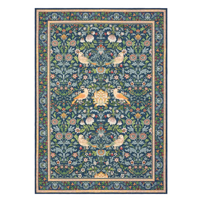 Tapis lavables bleus 9 x 12 pour le salon, grand tapis décoratif à motif animalier à motif floral, tapis antidérapant pliable à poils courts pour chambre d'enfant