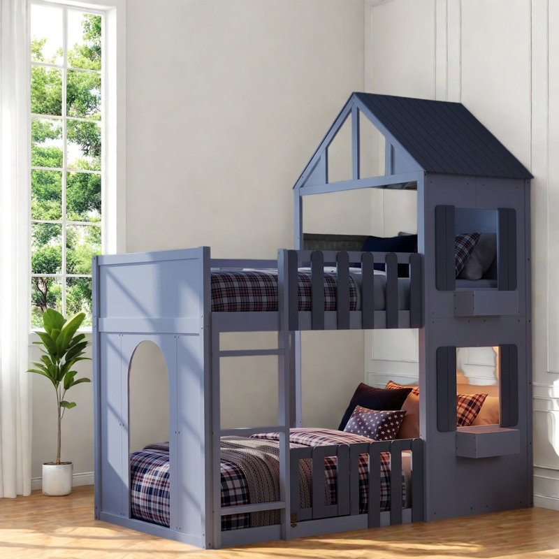 Lits jumeaux superposés en forme de maison avec rangement, bois MDF, gris moderne, Grey