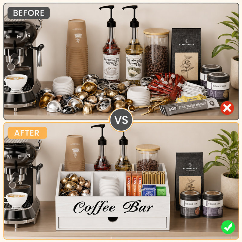 Porte-dosette en bois à 2 niveaux - Organisateur de rangement pour sac de café blanc, présentoir de comptoir