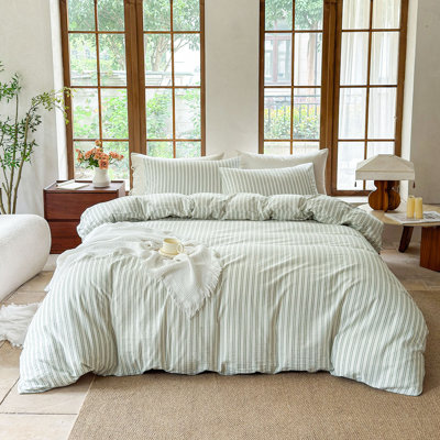 DONEUS Striped Duvet Cover Set 100% Washed Cotton Linen Like Soft Feelling Breathable Bedding