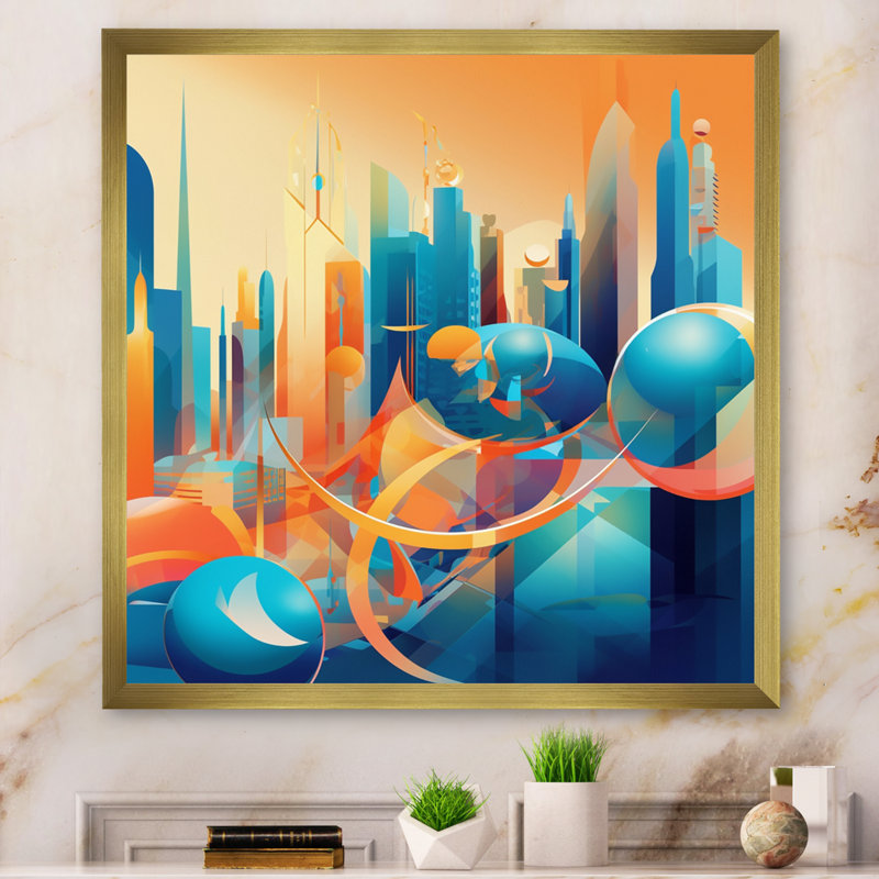 «Ardyce Blue and Orange Retro Radiance I», reproduction sur toile, H 16 po x l 16 po x P 1 po, Encadrement doré