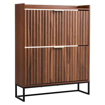 Armoire à chaussures cannelée en noyer, design Mid-Century, 2 tiroirs rabattables, peu encombrants, tablettes réglables, armoire autoportante pour le salon avec style, entrée