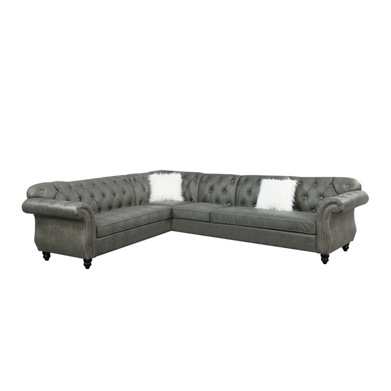 Miyah Faux Leather L-Shaped Sectional Symmetrical, Slate Gray Faux Leather