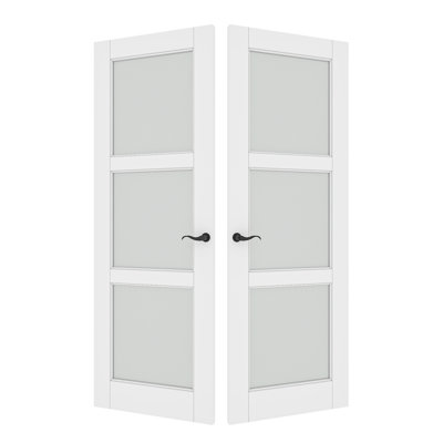 3-Lite Frosted Glass French Door Solid Wood Manufacture Interior Double Bathroom Door With Hardware Kit