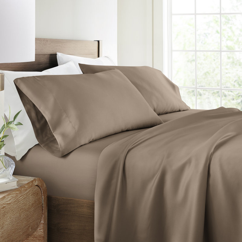 Ensemble de draps 100% rayonne de bambou soyeux, Ensemble de draps pour grand lit avec 2 taies d'or, Taupe