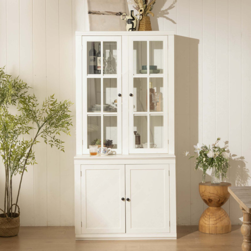 Freestanding Glass Door Pantry, Farmhouse Style Display Cabinets, Hutch With Lattice Window, For Hallways, Livingroom Kitchen & Office