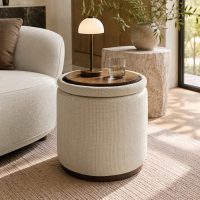 19" Round Swivel Storage Ottoman with Reversible Lid, Upholstered Accent Footstool