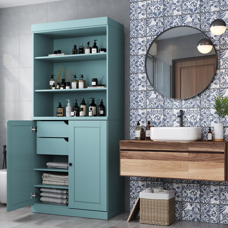 Armoire de salle de bain autoportante 100% bois massif 32 po avec portes solides, 2 tiroirs et tablettes réglables - Rangement de salle de bain moderne