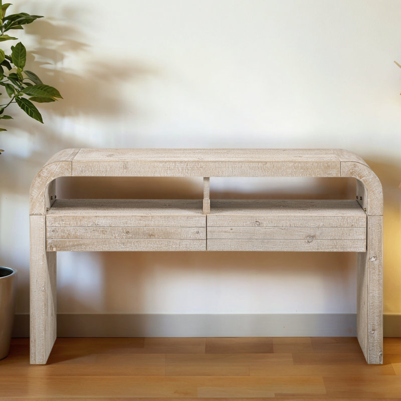 Console rétro avec design incurvé et 2 tiroirs spacieux, table d'entrée étroite pour le salon ou le couloir, Bois naturel