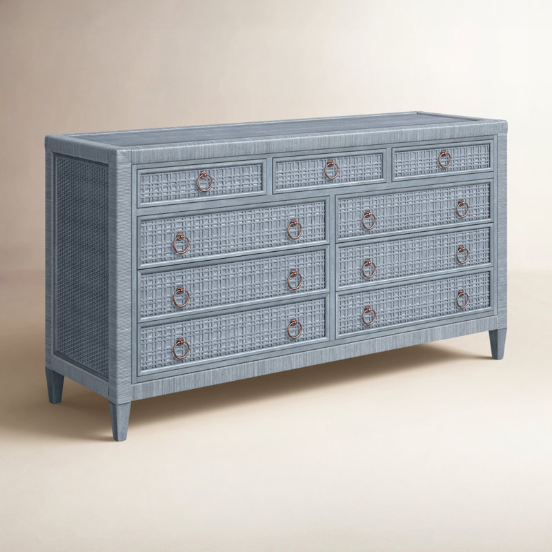 Monterey 9 Drawer Wicker Dresser, Sea Glass, No, Satin Nickel