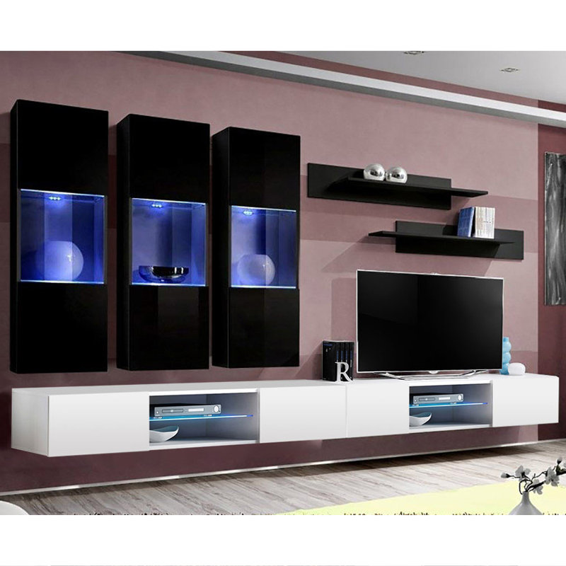 126" Modern Floating Wall Mounted Entertainment Center with 16-Color LED Lighting, High Gloss Finish, Black/White