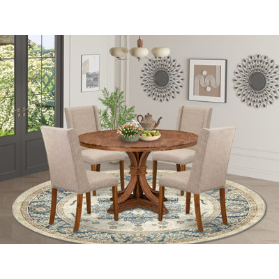 L'ensemble de table de cuisine 5 pièces se compose d'une table et de 4 chaises en tissu de lin brun clair avec dossier rembourré - noyer antique
