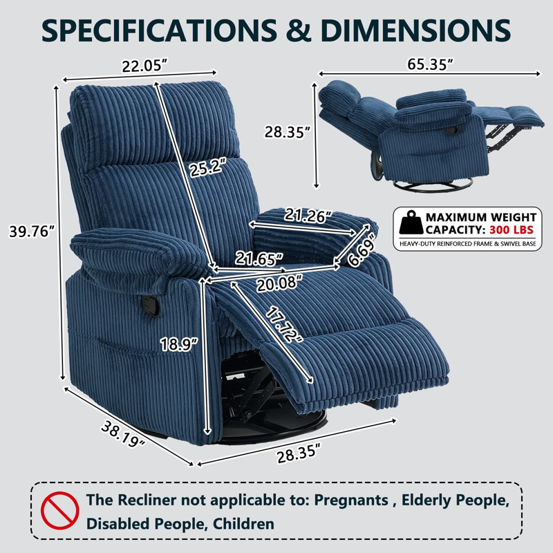 Manual Small Recliner Rocking Chair For Nursery/relaxation, Corduroy Swivel Glider Recliner For Living Room Bedroom, Brown Rocking Chair Nursery Recliners For Small Spaces, Side Pockets (navy Blue)