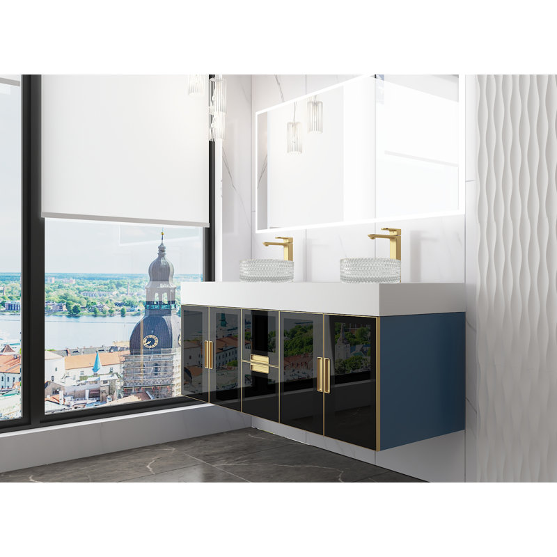 Modern Luxury Wall-Mounted Vanity With 60" Solid Surface Top And Round Glass Vessel Sink, Clear/Gold Rim