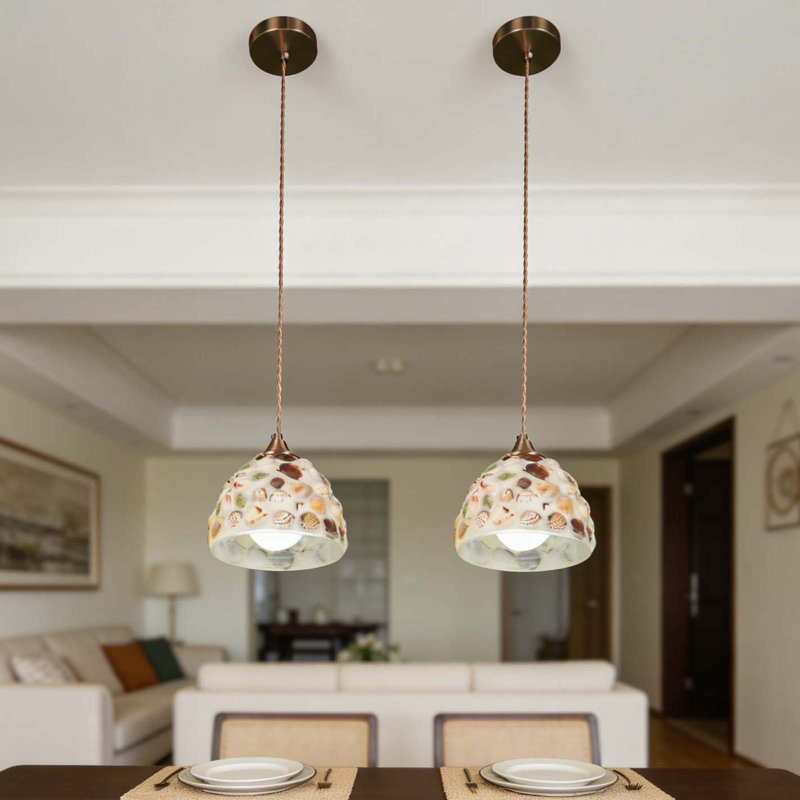 1-light Single Pendant Shell-Pattern Glass For Bedroom Entryway (Set of 2)