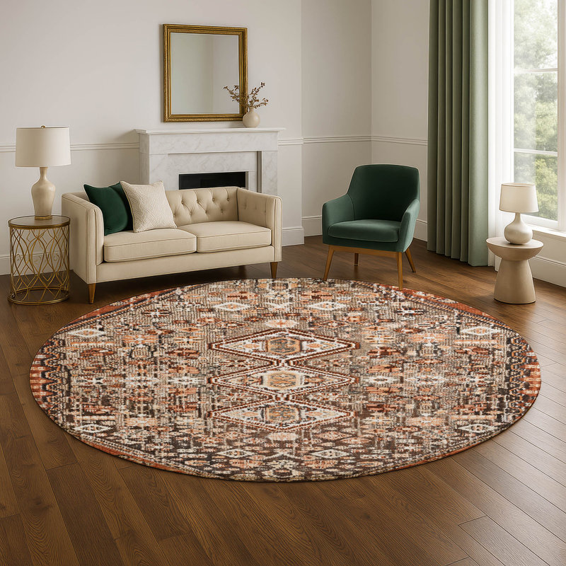 Premium Machine Washable Ashington AMF1834 Aztec Rug, Round 8'