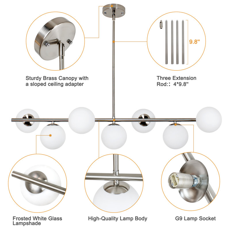 Kason Modern 7-Lights linear globe chandelier, Satin Nickle, White