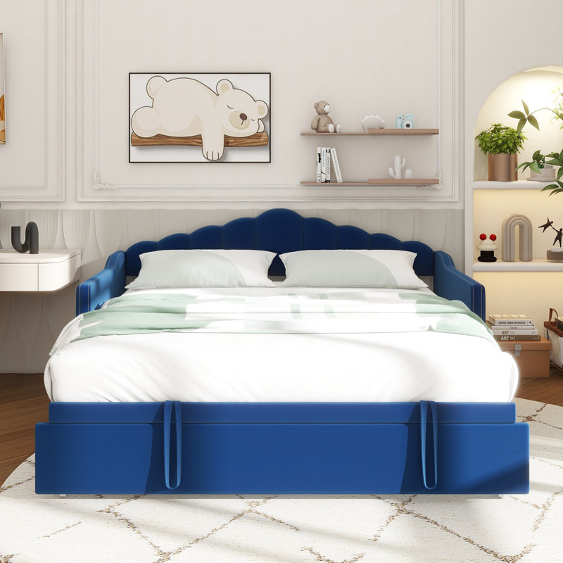 Upholstered Twin Size Daybed With Adjustable Height Pop Up Trundle Twin Bed And USB & Type-C Charging Port, Day Bed Frame With 2 Side Pockets, No Box-Spring Needed, Blue