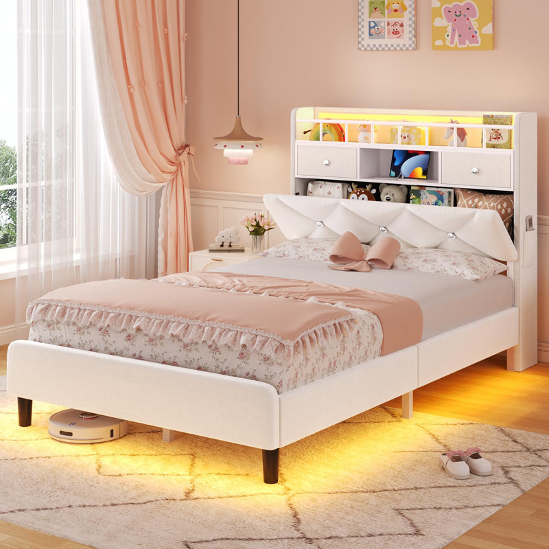 Platform Bed Frame With Velvet Upholstered Headboard,Led Lights,Charging Station,2 Storage Drawers & Shelves,Heavy Duty & Strong Support/No Box Spring Needed/Easy Assembly