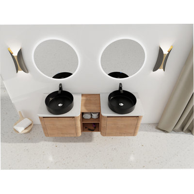 Meuble-lavabo mural 60 po avec lavabo d'art en céramique et 1 tablette de rangement, porte à fermeture en douceur, emballage KD, contreplaqué