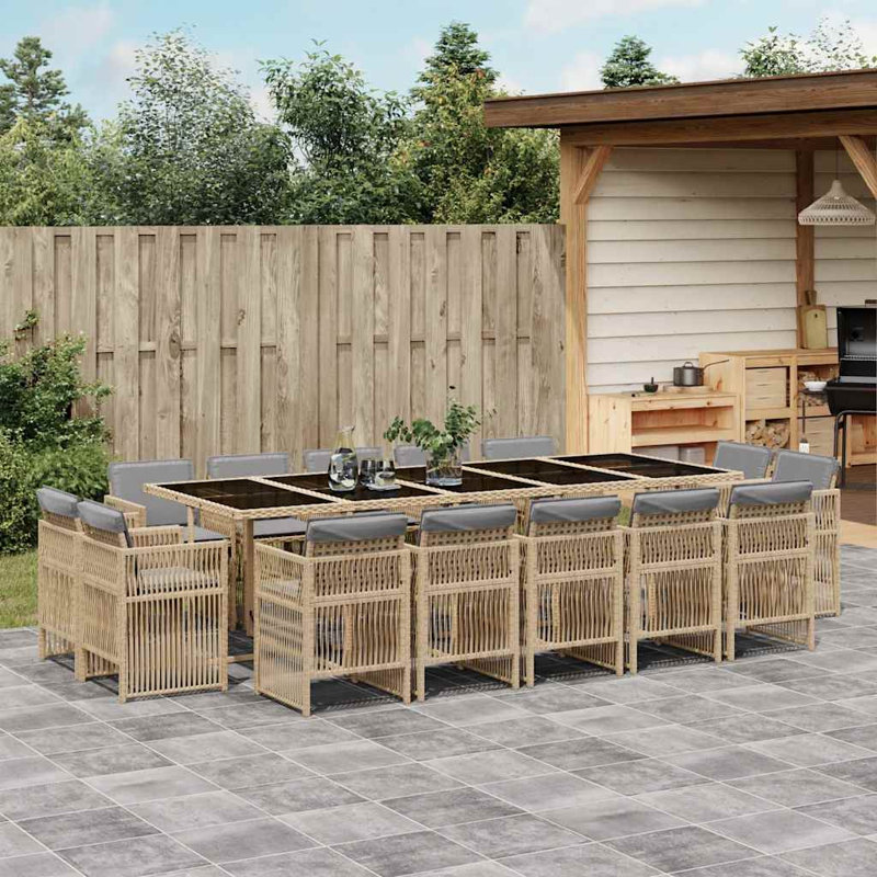 15 Piece Garden Dining Set with Cushions Poly Rattan, 15 Pieces: Table, 14 Chairs, Grey, Mix Beige