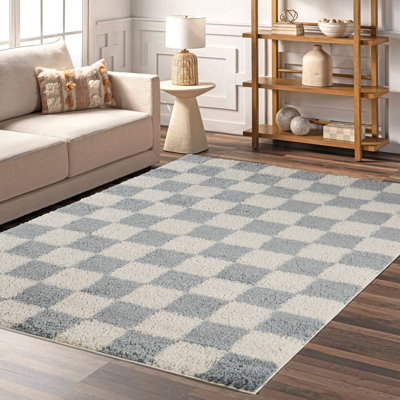 Chester Living Room Shaggy Area Rug Modern - Contemporary Checkered Design 30Mm Plush Pile Jute Backing Soft Woven Carpet -Hallway Indoor Rug, Duck Egg Blue