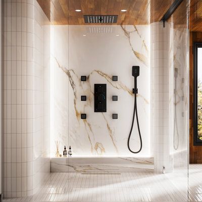12" Flush Mounted Luxury Thermostatic Rainfall Shower System with LED and 6 Body Jets