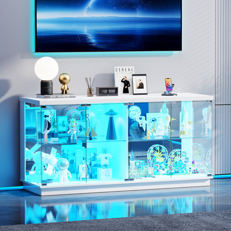120cm Wide Display Cabinet with Glass Doors, RGB Lighting & Power Socket, Glass Curio Cabinet, White