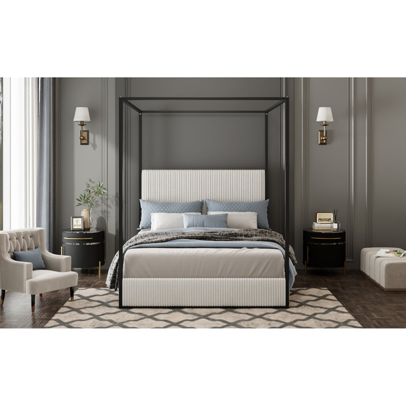 Lit à baldaquin en métal de luxe moderne avec tête de lit tapissier haute en velours côtelé et grand lit à baldaquin, aucun sommier nécessaire