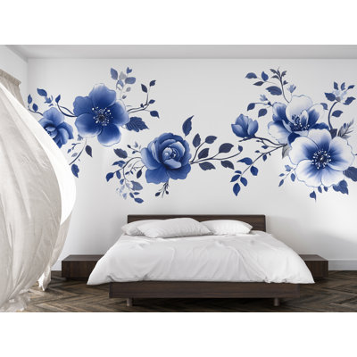 Adhésif décoratif floral bleu - grande aquarelle murale au-dessus du lit, art mural bleu marine, pelez et collez amovible 077Mv