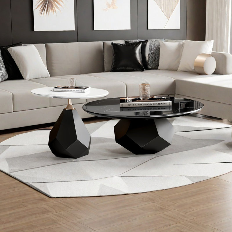 Table basse moderne simple ronde en marbre, Noir / blanc