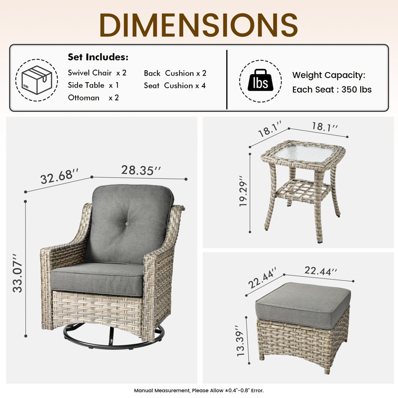 Ensemble de conversation en rotin pour 4 personnes avec chaises berçantes pivotantes, Gris foncé