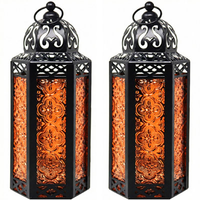 Moroccan Candle Lantern Decorative Candle Holder Lamp for Table or Hanging, Ramadan Decorations, Weddings, Indoor Home Decor, Outdoor Patio or Porch (Set of 2)
