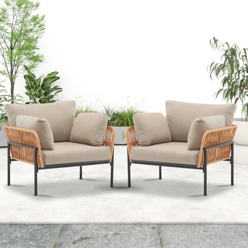Chaise longue d'extérieur en rotin avec coussins (ensemble de 2), Naturel