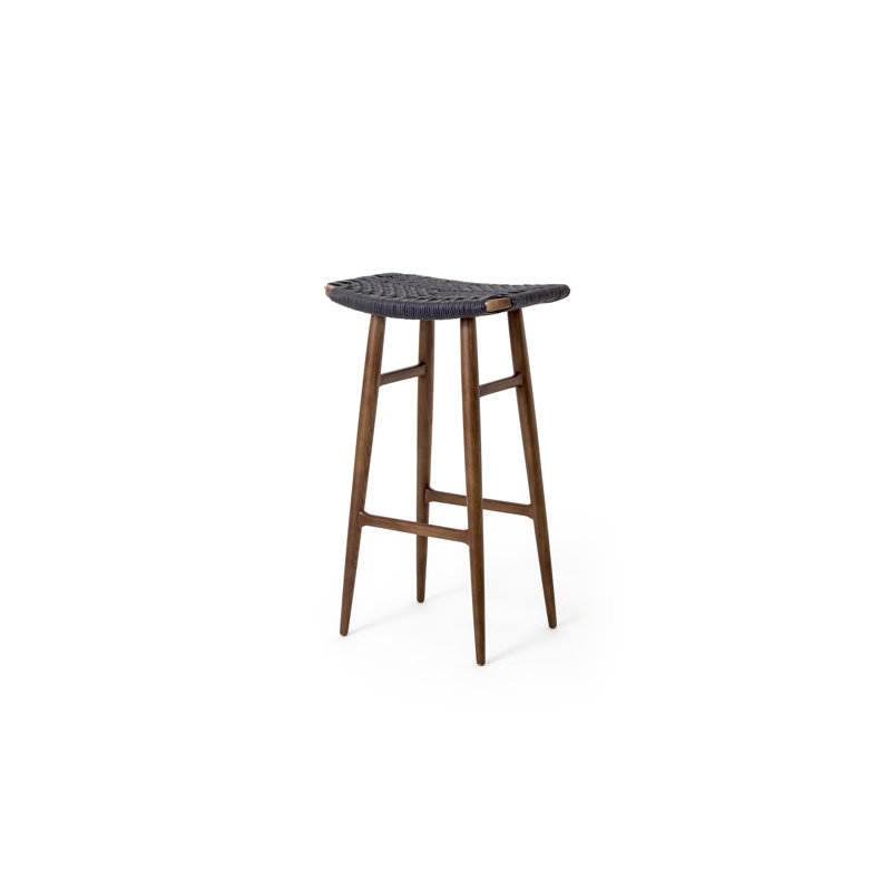 Freja Upholstered Stool with Solid Wood Frame, Natural Walnut, Black Paper Cord