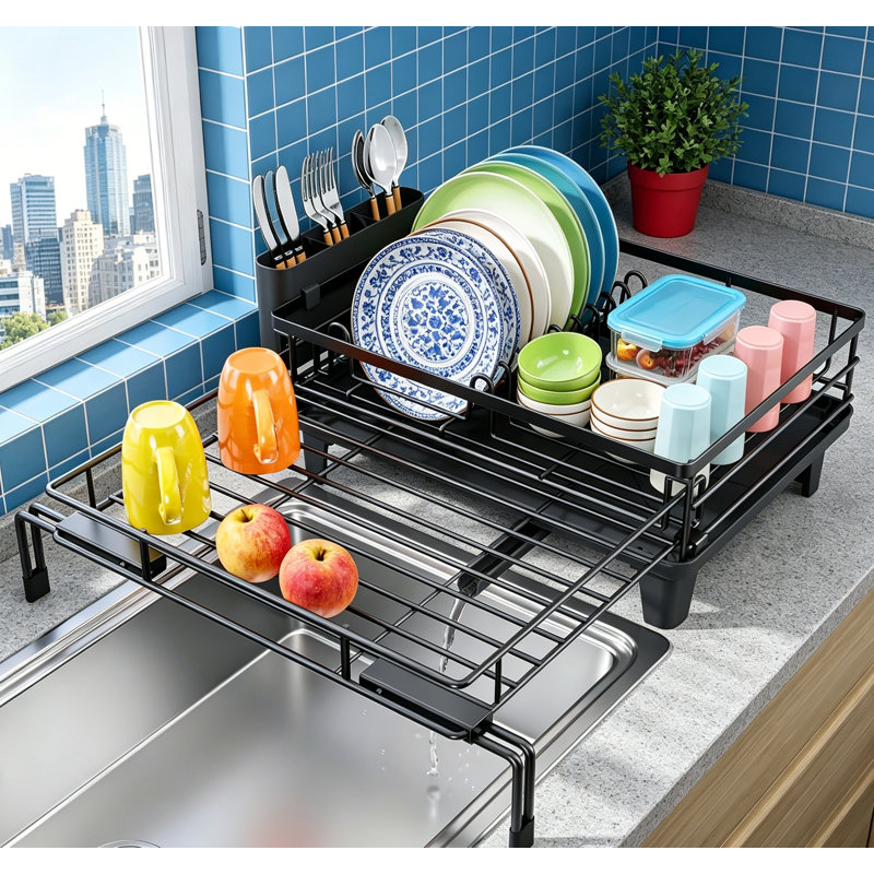 Grand égouttoir à vaisselle extensible antirouille pour comptoir de cuisine avec porte-ustensiles, 15"D x 20.5"W x 7.1"H
