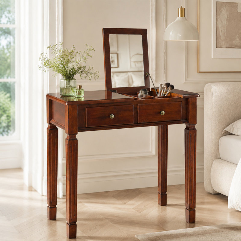 LUMERA Collection Vintage Solid Wood Vanity And Writing Desk With Flip Mirror & Storage Drawers, Cherry