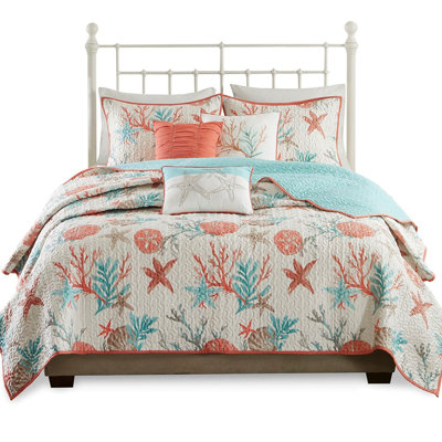 6 Piece Cotton Quilt With Throw Pillows, Coral Full/Queen Size, Printed Shells & Corals , Soft Blend Fabric, Vermicelli , Coastal , Easy To Wash Bedding Starfish Corals, Cotton/ Blend, Quilting,