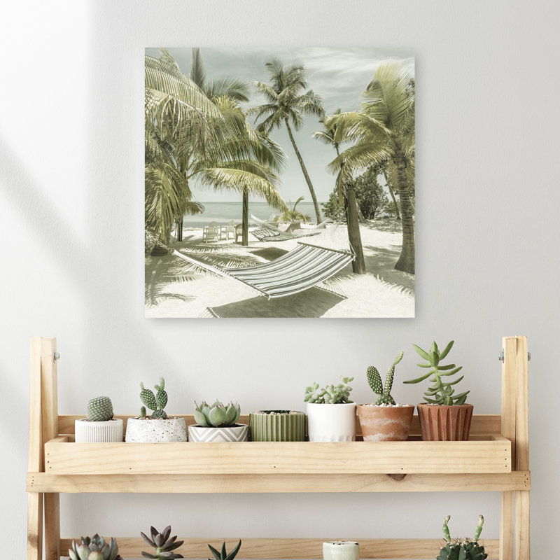 Impression sur toile de plage tropicale, hamacs rétro, romantique, palmier tranquille et côtier, H 18 po x l 18 po