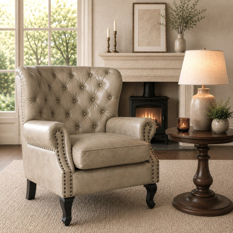 Genuine Leather Upholstered Armchair in Grey