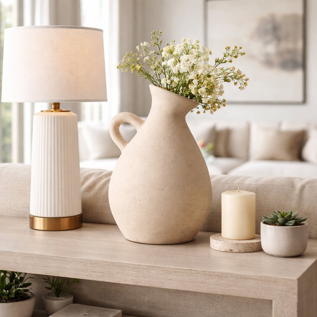 Raja Terracotta Table Vase, Textured Ivory/Beige