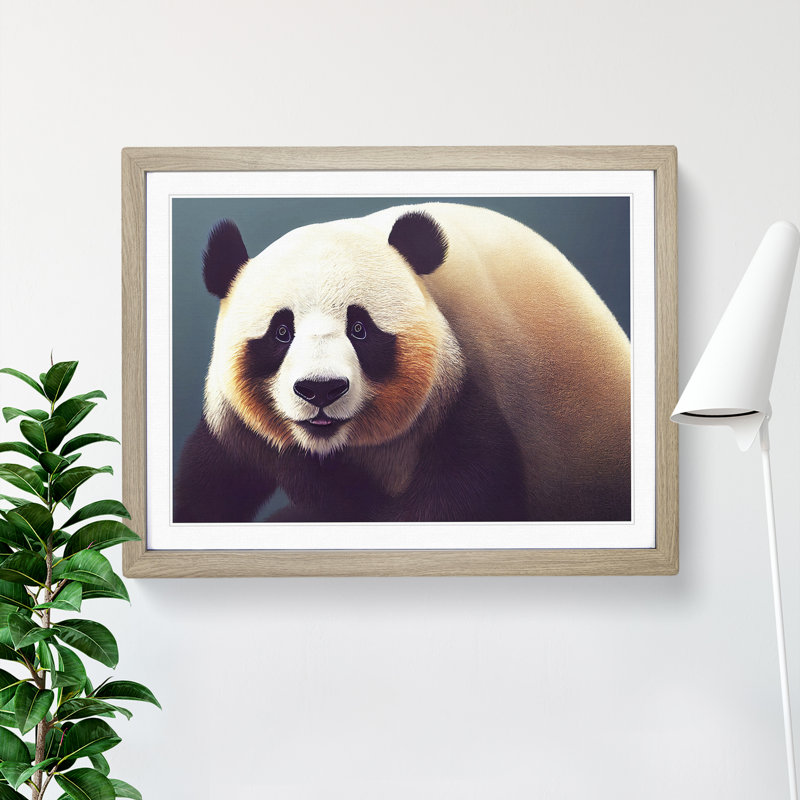 Delightful Panda - Single Picture Frame Painting, 46cm H x 64cm W x 2cm D, Oak