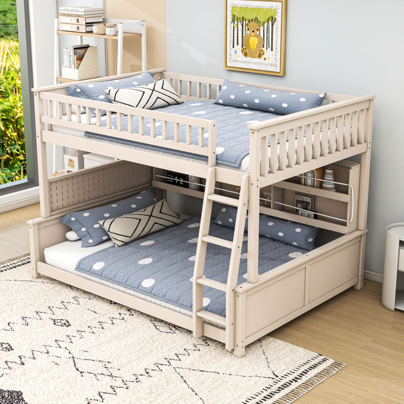 Wood Bunk Bed with Shelves and Lights, Beige, Full XL Over Queen