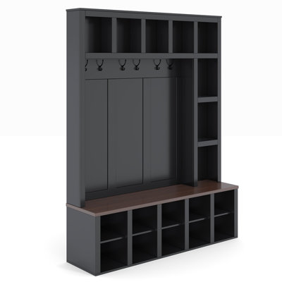 Farmhouse Wooden Hall Tree with Storage Bench 6 Hooks and Adjustable Shelves